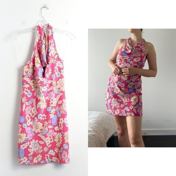 NWT Jessica Simpson pink floral halterneck dress Barbie barbiecore M new stretch - Picture 1 of 9